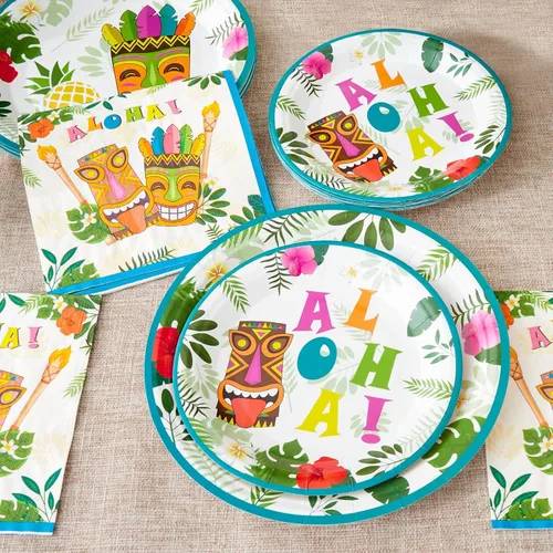 Vista 4 de WERNNSAI Hawaiian Luau Party Supplies - 48 platos y servilletas de Luau tropical, decoraciones de cumpleaños, platos de papel hawaiano para verano