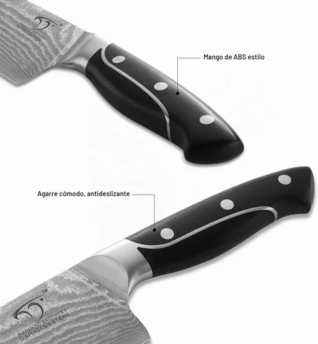 Vista 3 de NANFANG BROTHERS Cuchillo de chef de 8 pulgadas, 67 capas VG10 de acero de damasco, mango ergonómico de triple remache ABS antideslizante