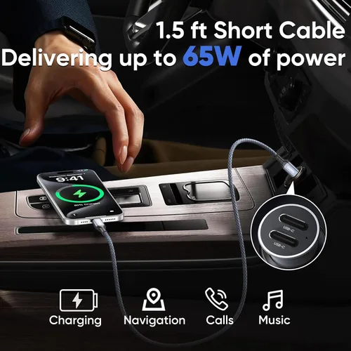 Vista 2 de Cable de datos USB C a USB C, 1.5 pies de transferencia de datos corta de 10 Gbps de carga de 65 W