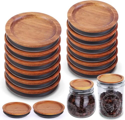 Vista 9 de 3 paquetes de tapas de boca regular y 3 paquetes de tapas de boca ancha para tarros de albañil de acacia, tapas de almacenamiento de tarros