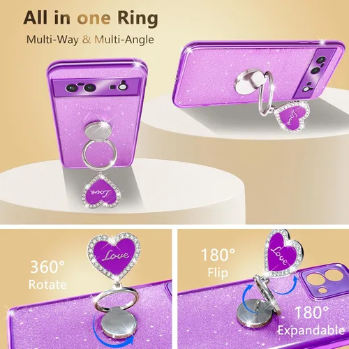 Vista 6 de Funda protectora transparente de 3 capas con anillo bonito soporte, para mujeres y niñas, para Pixel 6 2021 (lavanda)