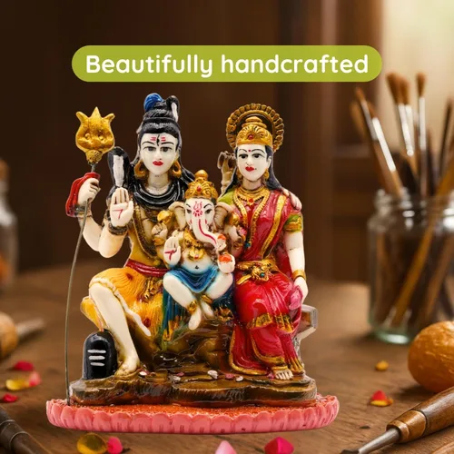 Vista 2 de Vedic Charya - Ídolo Shiv Parivar de 8 pulgadas Hecho a mano de poliresina Shiva Parvati y estatua del Señor Ganesha escultura de Dios para templo