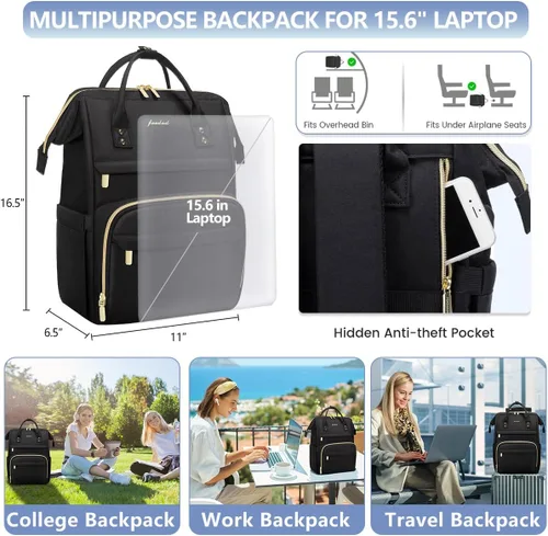 Vista 3 de FOCDOD - Mochila para laptop de mujer, para trabajo - Compatible con laptops de 15.6 pulgadas con compartimento para computadora, impermeable