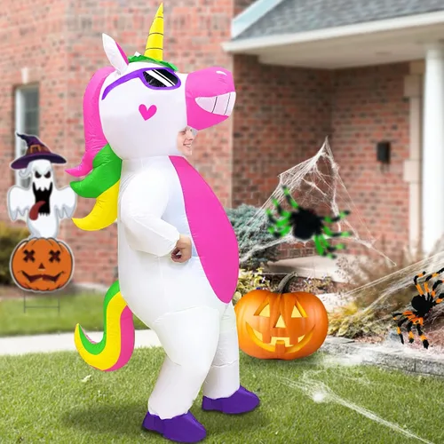 Vista 3 de Camlinbo Disfraz inflable de unicornio de Halloween para adultos, mujeres y hombres, cuerpo completo, disfraz de Halloween, fiesta, cosplay