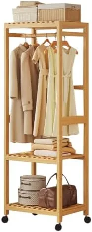 Vista 16 de Portable Bamboo Clothes Rack with Shelves - Free Standing Wooden Wardrobe, Rolling Garment Rack for Bedroom, Adjustable Multi-Storage Organizer with