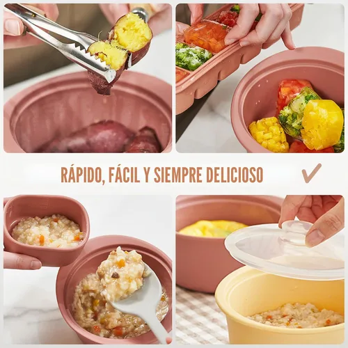 Vista 7 de Olla de vapor de microondas de silicona platino de 27oz con asa y tapa - Tazón de vapor coreano 100% apto para alimentos, olla resistente al calor