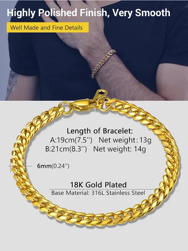 Vista 4 de PROSTEEL Pulsera de acero inoxidable para hombres y mujeres, elegantes pulseras de eslabones cubanos, chapado en oro negro de 18 quilates, ancho