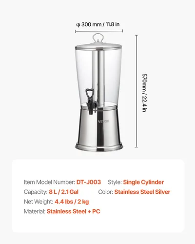Vista 7 de VEVOR Dispensador de bebidas, dispensador de bebidas de 2.1 galones para fiestas, dispensador de jugo de acero inoxidable + plástico con cámara