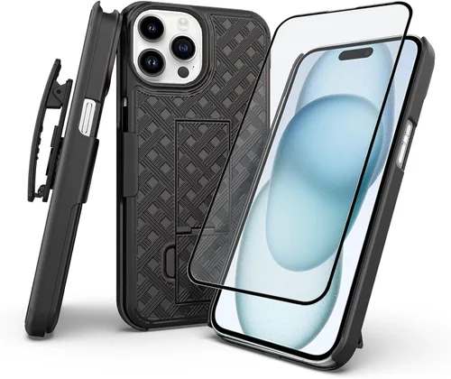Vista 17 de Ailiber - Funda con clip para cinturón para iPhone 13/14, protector de pantalla, color negro Swivel Stand Holder, Slim Shell Slide Pouch Full Body