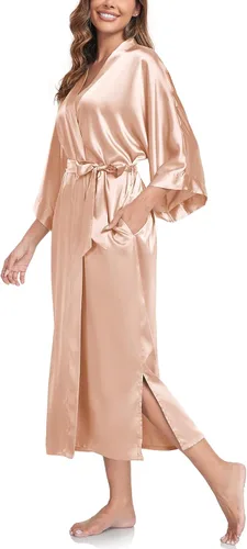 Vista 4 de SIORO Bata de seda para mujer, kimono largo, de satén, para damas de honor, ligera, suave, ropa de dormir de longitud completa, talla única