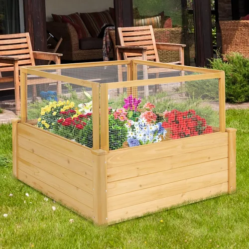 Vista 3 de Giantex Cama de jardín elevada con valla, maceta de madera elevada con valla de protección, contenedor de plantas de 9 rejillas, caja de plantas al