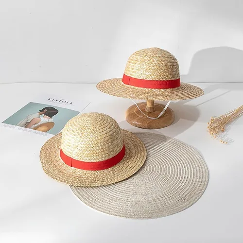 Vista 2 de Sombrero de paja Luffy, sombrero de paja de cosplay para fiesta de disfraces de Halloween, pajitas amarillas con sombreros de sol de cuerda