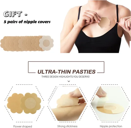 Vista 5 de KISWON Sujetador adhesivo con realce para pezones, invisible, sin espalda, sin tirantes, para mujer