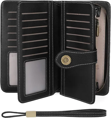 Vista 30 de FALAN MULE Cartera de cuero para mujer, de gran capacidad, bifold, con bloqueo RFID, tarjetero con bolsillo para monedas con cremallera Aa-negro.