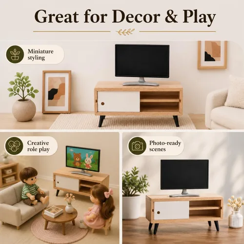 Vista 6 de NUOBESTY Mueble de TV y madera para casa de muñecas, monitor de juguete realista a escala 1/12, soporte de TV en miniatura moderno para casa