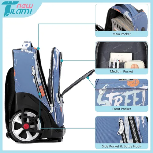 Vista 32 de NEW TILAMI Mochila con ruedas de 19 pulgadas con bolsa de almuerzo para niñas y niños, mochila para laptop con ruedas, bolsa de mano duradera