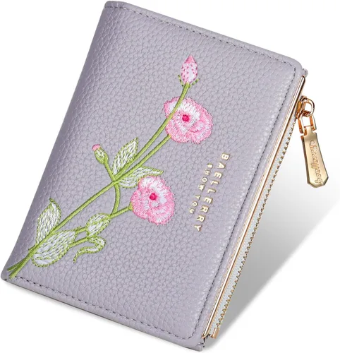 Vista 8 de Billetera pequeña para mujer, doble bordado, con flores, bloqueo RFID, piel sintética, con bolsillo con cremallera para mujeres y niñas (negro)