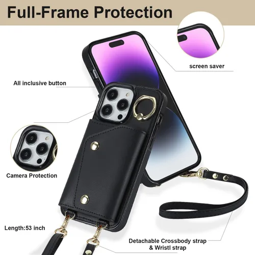 Vista 2 de LUVI Funda para iPhone 11 Pro Max con correa para el cuello, correa cruzada, correa de muñeca, funda protectora con ranura para tarjeta de crédito