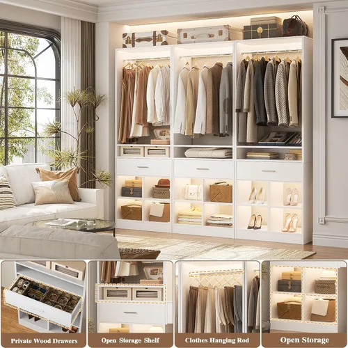 Vista 5 de Unikito Sistema de armario de 50 pulgadas, organizador de armario con 2 cajones de madera, organizador de armario con 2 varillas para colgar y 8