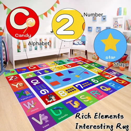 Vista 5 de ABC - Alfombra de juego para niños, con forma del alfabeto, con números del alfabeto, alfombra de área educativa de aprendizaje de frutas, grande