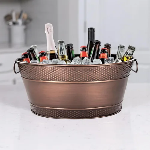 Vista 8 de BREKX Colt - Recipientes para bebidas con acabado de cobre para fiestas, cubetas ovaladas martilladas para 16 botellas para fiestas, cubos de hielo