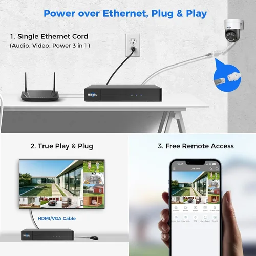 Vista 7 de Seguimiento humano + inclinación de 90° de giro de 300°: sistema de cámara de seguridad Hiseeu 4K PoE, sistema de cámara de seguridad NVR con cable