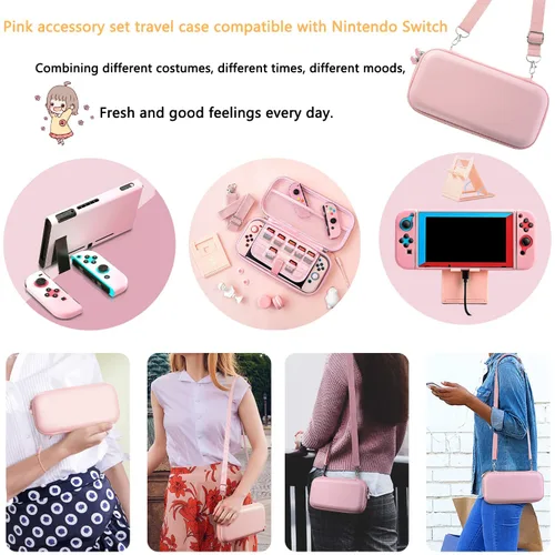 Vista 3 de OLDZHU Pink Travel Carrying Case Accessories Kit Compatible With Nintendo Switch - 10 in 1 Essential Protection Kits with Hard Protective