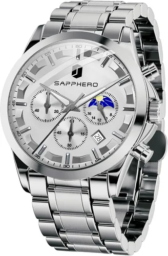Vista 14 de SAPPHERO Relojes para hombre, cronógrafo, de acero inoxidable, impermeable, cuarzo, para negocios, casual, reloj de vestir para hombre, fecha Negro