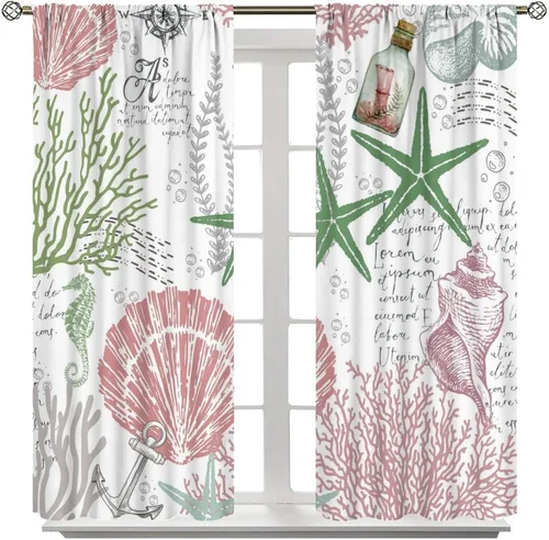 Vista 29 de Cortinas de decoración de playa con océano azul, peces náuticos costeros playeros de verano, conchas marinas, temática infantil, dormitorio, sala