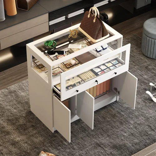 Vista 3 de Armoire - Armario de isla para dormitorio, isla con cajón de vidrio y 3 puertas, isla de cristal para dormitorio, guardarropa, tienda blanca