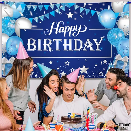 Vista 3 de KatchOn, Cartel grande de feliz cumpleaños plateado y azul - 72 x 44 pulgadas Cartel de pared de feliz cumpleaños para hombres Telón de fondo