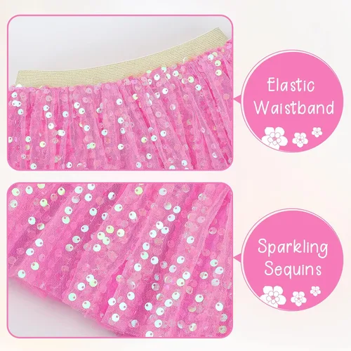 Vista 4 de KEREDA Falda de Tutú con Capas para Niñas, Falda de Tul de Lentejuelas Brillantes para Baile