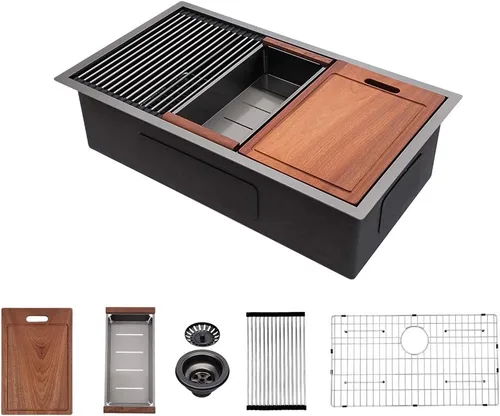 Vista 11 de Sarlai Fregadero de cocina empotrado de 30 pulgadas dorado - Fregadero de cocina de 76,2 cm x 45,7 cm con repisa para estación de trabajo de acero