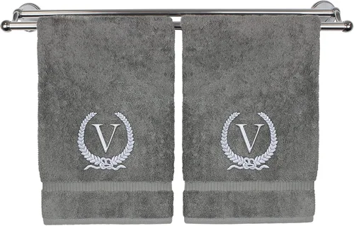 Vista 185 de Toalla de mano con monograma, regalo personalizado, 16 x 30 pulgadas, letra blanca bordada con diseño de corona en toalla negra, extra absorbente