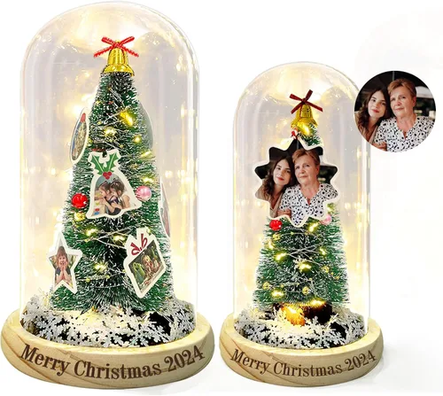 Vista 8 de Regalos personalizables de Navidad: cúpula de fotos personalizada para árbol de Navidad con luces LED, base de madera grabada personalizada