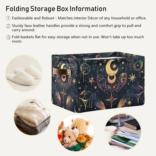 Vista 6 de Cesta de almacenamiento, astrología mística, símbolo oculto alrededor de la luna, lona duradera, plegable, caja de juguetes, contenedor organizador