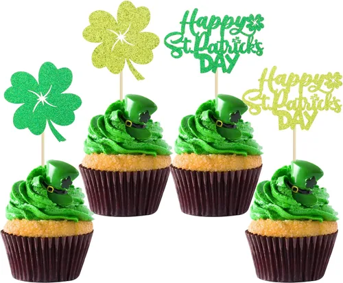 Vista 7 de Gyufise Paquete de 24 adornos para cupcakes del Día de San Patricio Lucky Oh Baby con decoraciones de cuatro hojas para pastel de baby shower de San