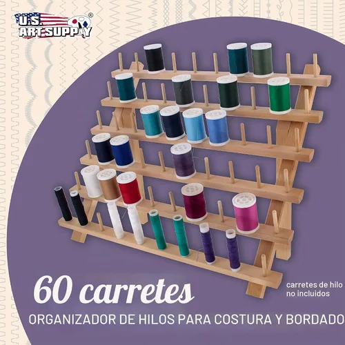 Vista 2 de US Art Supply - Soporte de hilo prémium de 60 carretes: organizador de almacenamiento de hilo de coser y bordar de madera