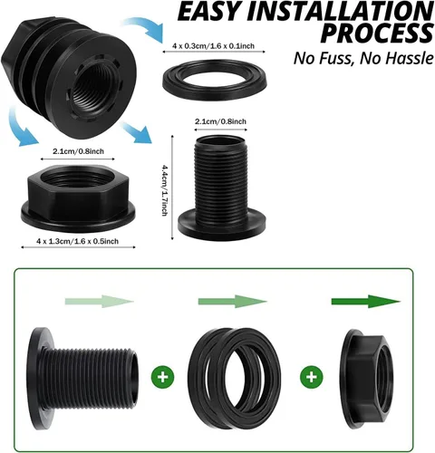 Vista 2 de Conectores de montaje de mamparo de PVC de 2 piezas, macho de 3/4 pulgadas, barril de lluvia para tanque de agua hembra de 1/2 pulgada, kit