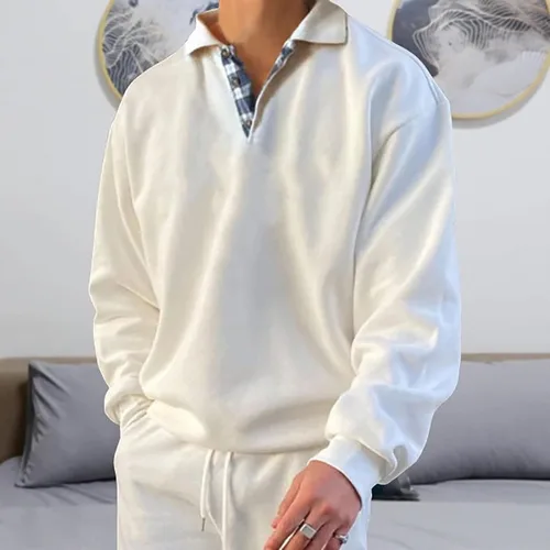 Vista 2 de Opomelo Men's Long Sleeve Pullover Polo Shirts-Casual Loose Fit Sweatshirts V Neck Tops