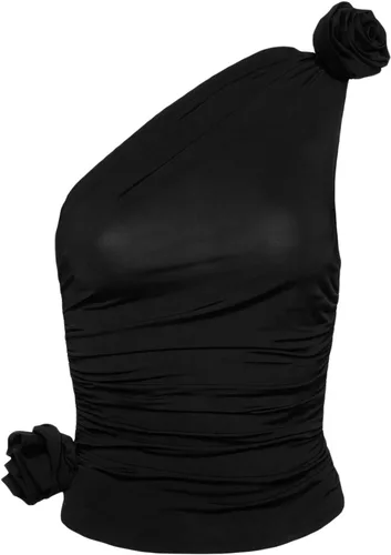 Vista 4 de KMBANGI Camiseta sin mangas sexy floral para mujer, con volantes Y2K, cuello halter, sin mangas, hombros descubiertos, sin espalda, tubo de flores