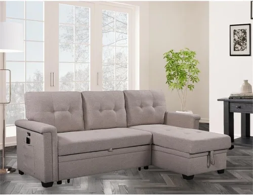 Vista 2 de Lilola Home Nathan - Sofá modular reversible de lino gris claro de 84 pulgadas con diván de almacenamiento y puertos de carga USB, sofá esquinero