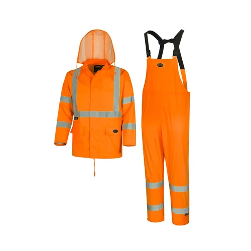 Vista 12 de Pioneer Equipo de lluvia de alta visibilidad Chaqueta de seguridad y pantalones con peto – Alta visibilidad, impermeable, traje de trabajo de PVC