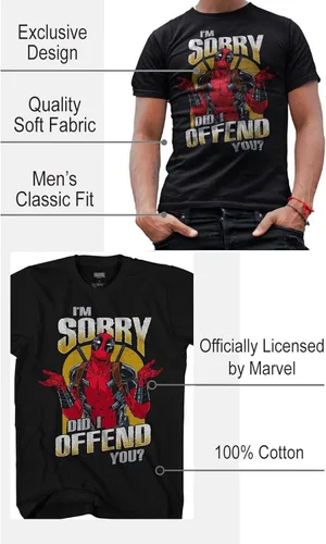 Vista 3 de Marvel Deadpool Sorry Did I Offend - Camiseta gráfica para adultos, Carbón, negro.