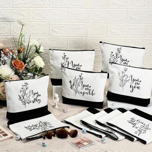 Vista 4 de Coume 10 Piezas Bolsas de Maquillaje de Lona de Flores Bohemias al Por Mayor, Bolsas de Cosméticos con Citas Inspiradoras Estéticas en Blanco