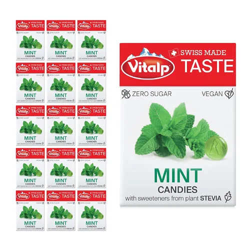 Vista 10 de Vitalp Sabor, Hecho en Suiza, Caramelo Sin Azúcar con Stevia, Vegano, Sabor a Cereza, Paquetes de 25g/0.88 Onzas, 16 Cajas