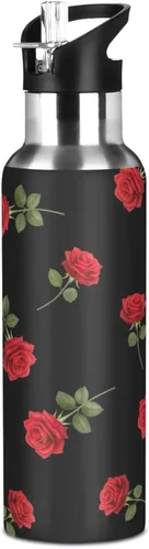 Vista 8 de Red Roses Green Leaves Black Insulated Water Bottle 20 Oz Leakproof Water Bottles, BPA-Free Sports Water Bottle with Straw