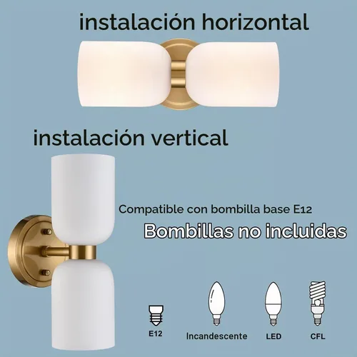 Vista 3 de CLAXY Lámpara de pared moderna de baño en oro con vidrio lechoso, accesorios de iluminación de baño con 2 luces regulables