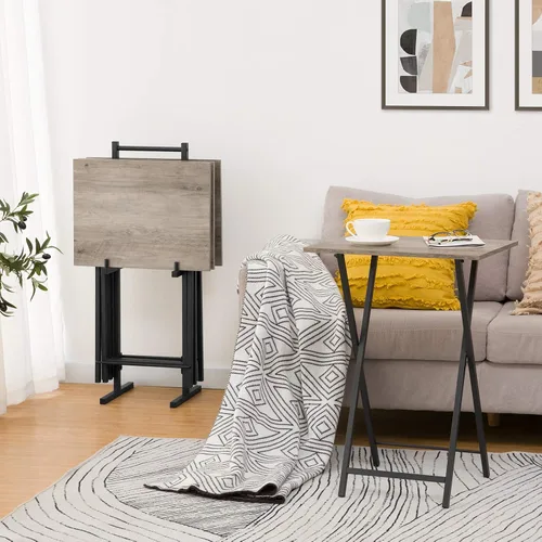 Vista 4 de HOOBRO Mesas Plegables para TV, Juego de 4 Bandejas de TV con Estante de Almacenamiento, Mesa Auxiliar Industrial para Comer en el Sofá, Mesa