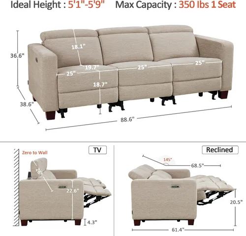 Vista 3 de MCombo Sofá Reclinable de 88.6'', Sofá Reclinable Eléctrico Wall Hugger con Reposacabezas Ajustable, Puertos de Carga USB A y C, Patas de Madera